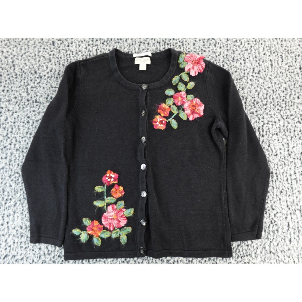 Appleseed Petites Black Floral Embroidered Button Up Cardigan Sweater‎ PM